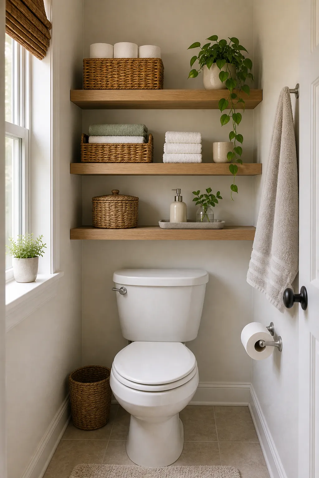 Narrow basket shelves over toilet organized with towels toiletries and extra rolls