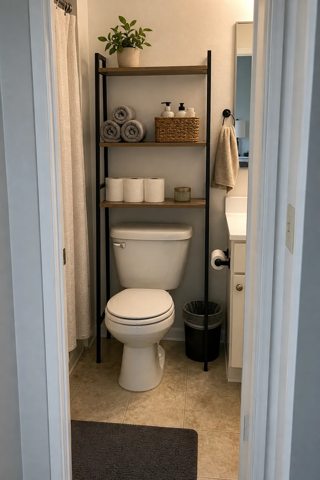 Renter friendly freestanding ladder shelf over toilet with towels baskets and toiletries