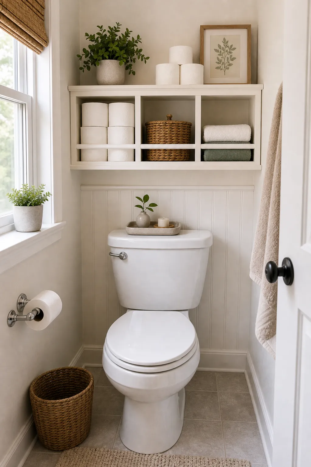 Small bathroom toilet paper storage above toilet with shallow cubbies and baskets