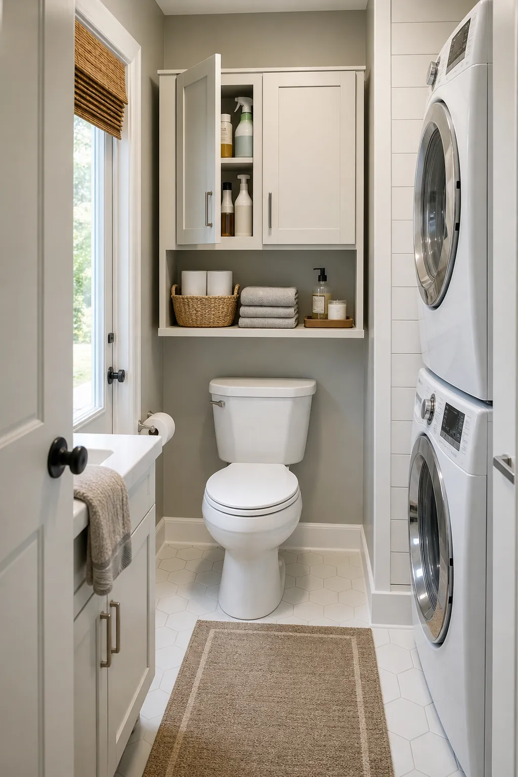 Over toilet storage in a laundry bathroom with cabinet shelves towels and cleaning supplies