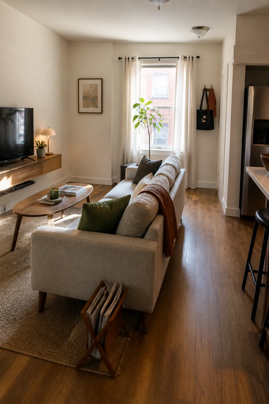 Floating loveseat creating a living zone in a compact apartment layout