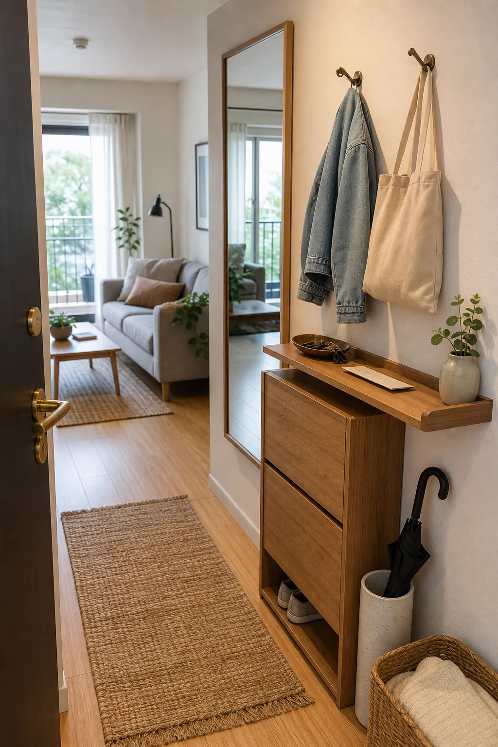 Small apartment entryway with slim storage, hooks, mirror, and a clear walkway