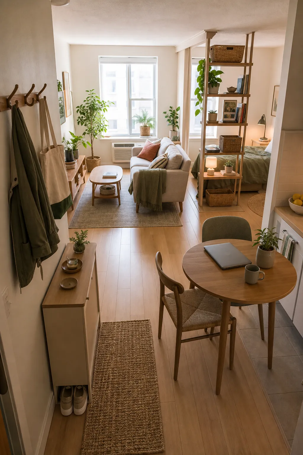 Photorealistic small apartment layout with clear zones for daily living