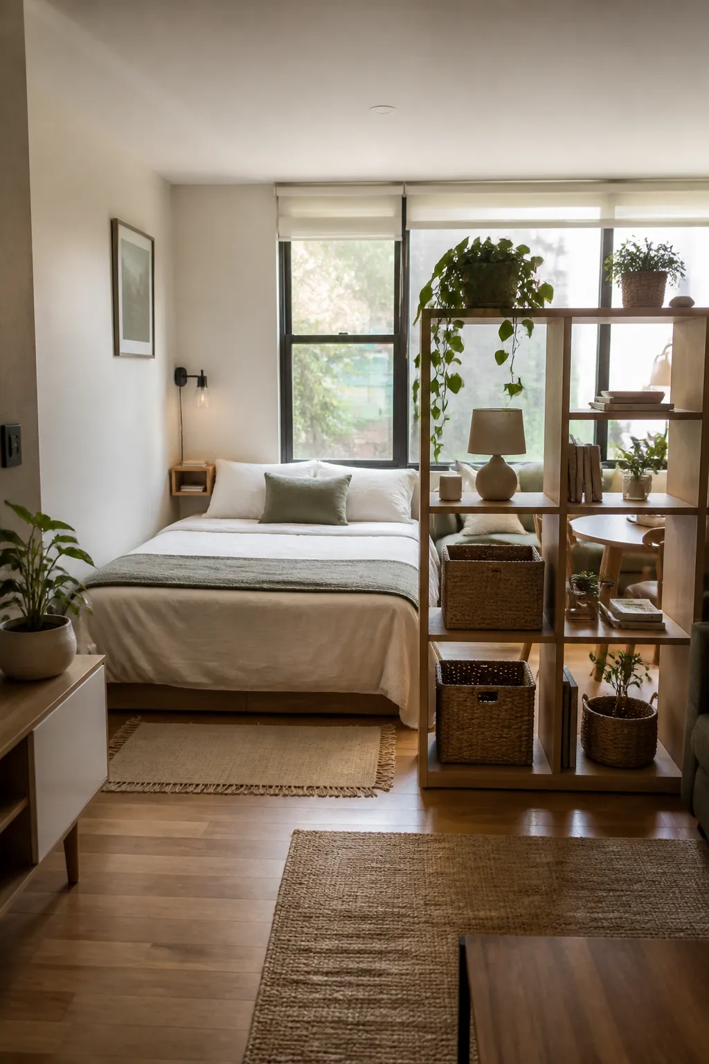 Studio apartment bed area divided by open shelving while daylight passes through