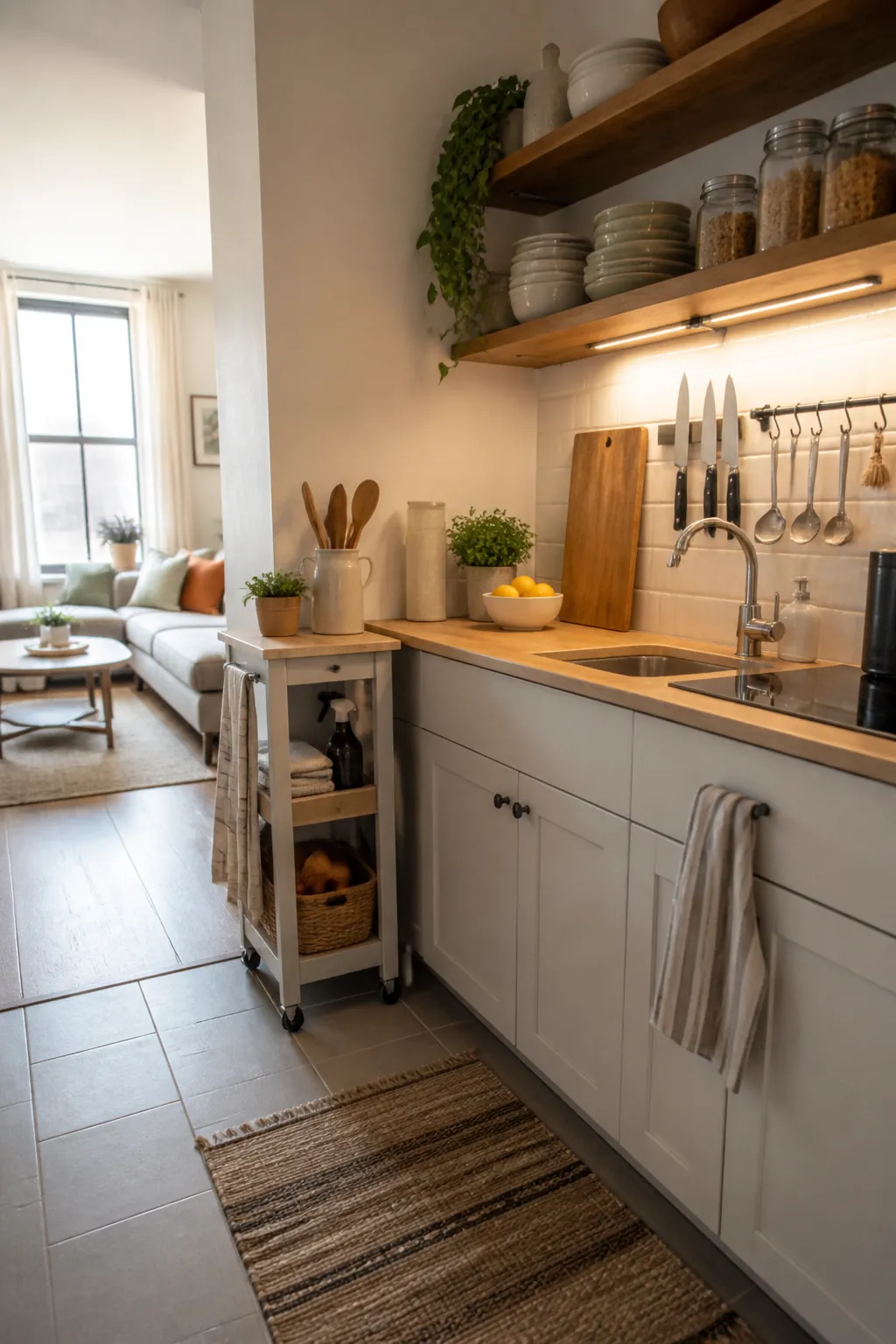 Compact apartment kitchen wall with vertical storage and extra prep surface