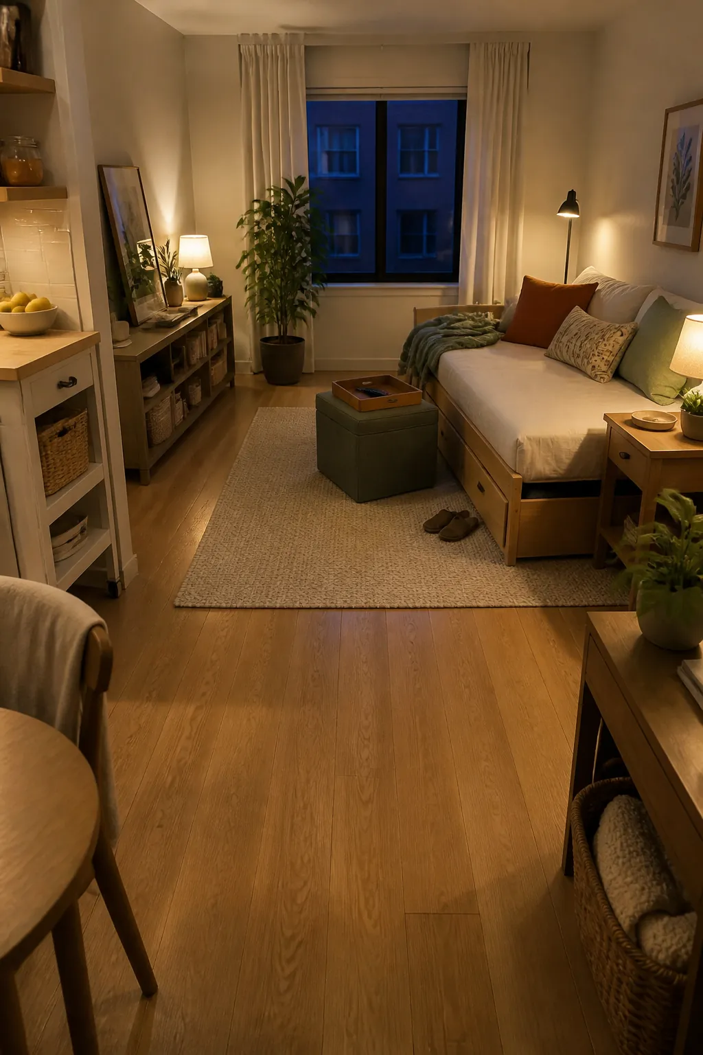 Cozy small apartment evening layout with clear floor space and flexible furniture