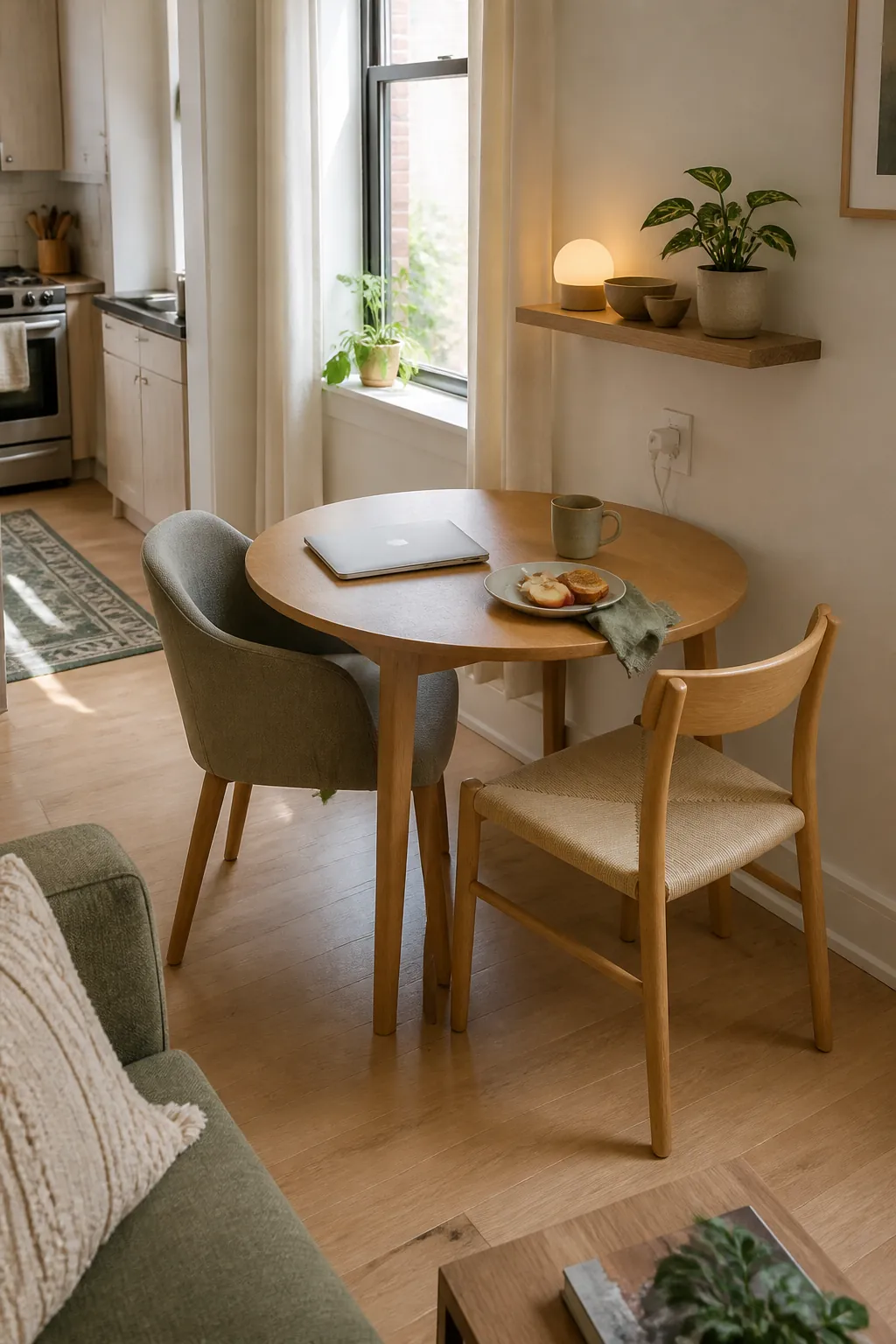 Small round table by a window used as dining and occasional work space