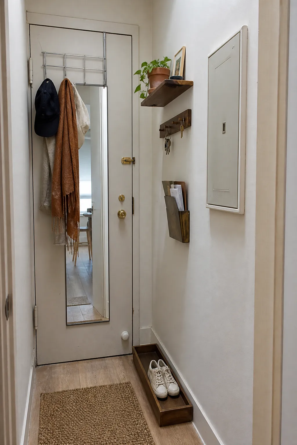 Vertical behind the door storage for a small apartment entryway with no closet