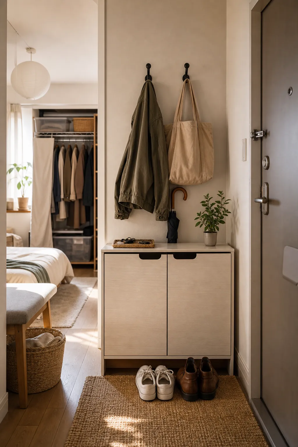 Seasonal entryway rotation system for a small apartment without a closet