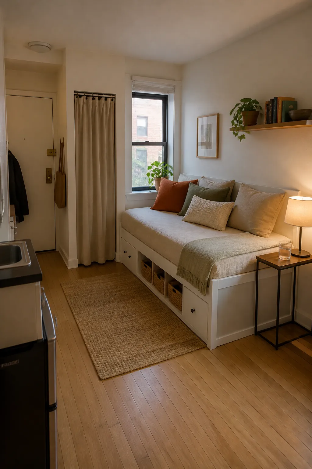 Small studio apartment with a daybed, storage drawers, and cozy natural decor