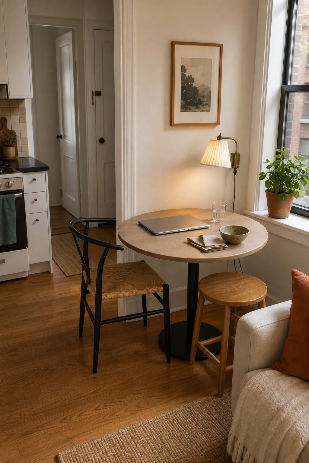Small round table used as dining spot and workspace in a compact apartment