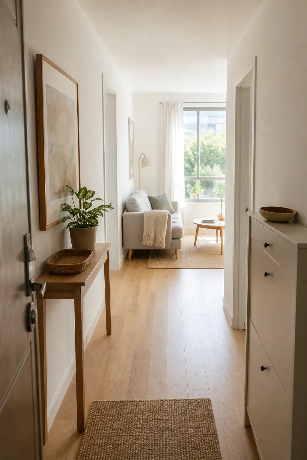 Small apartment living area with clear sightlines, open walking path, and calm natural decor