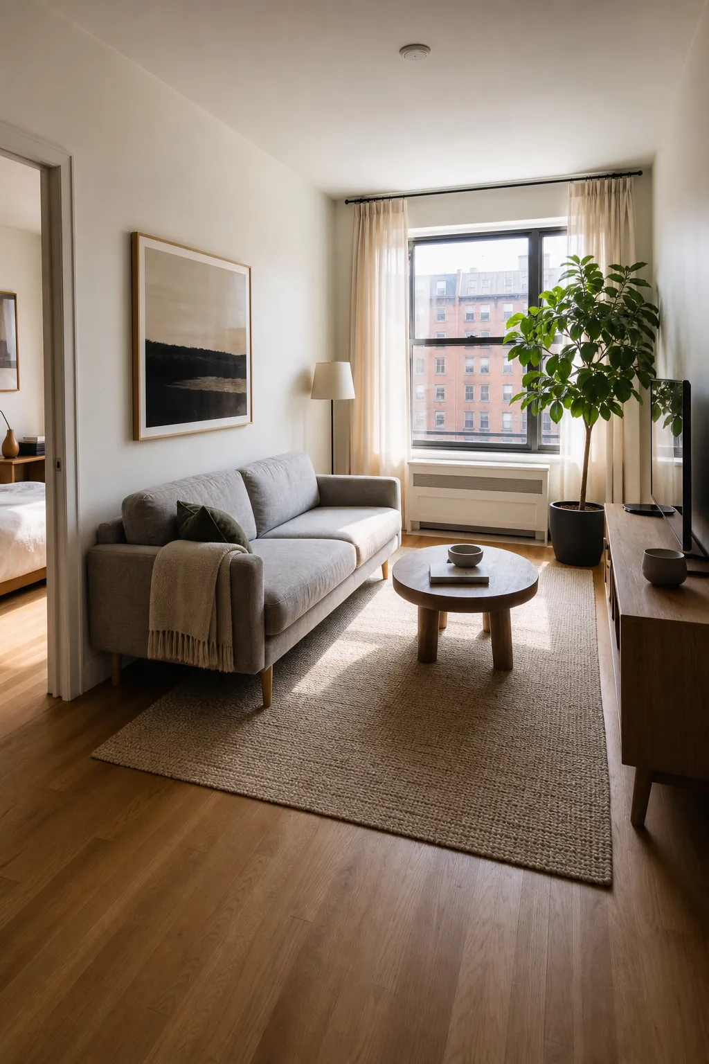 Bright small apartment living room arranged to feel open, calm, and less crowded
