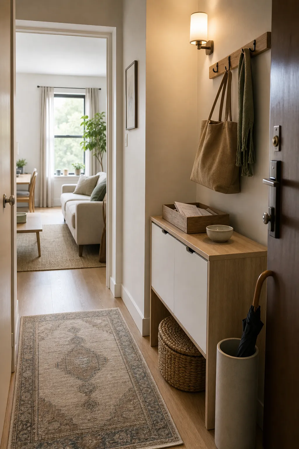 Small apartment entryway with closed storage, a tidy drop zone, and renter friendly organization