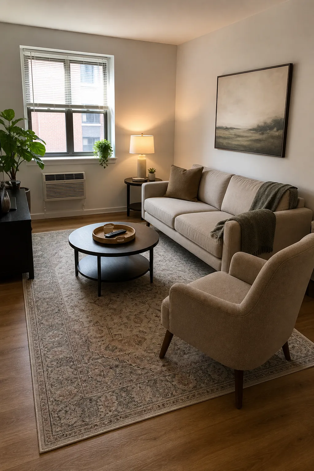 Small apartment living room with a properly scaled rug, spaced furniture, and open circulation