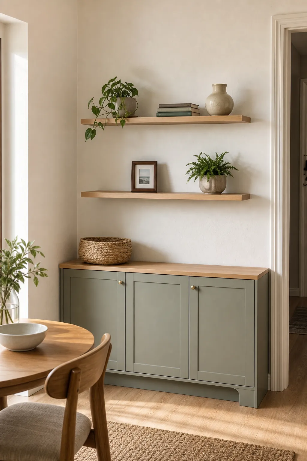 Airy vertical storage in a small apartment with edited shelves, plants, and quiet wall space