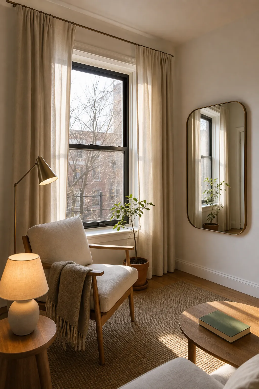 Small apartment corner with layered lighting, mirror placement, and high curtains for an open feeling