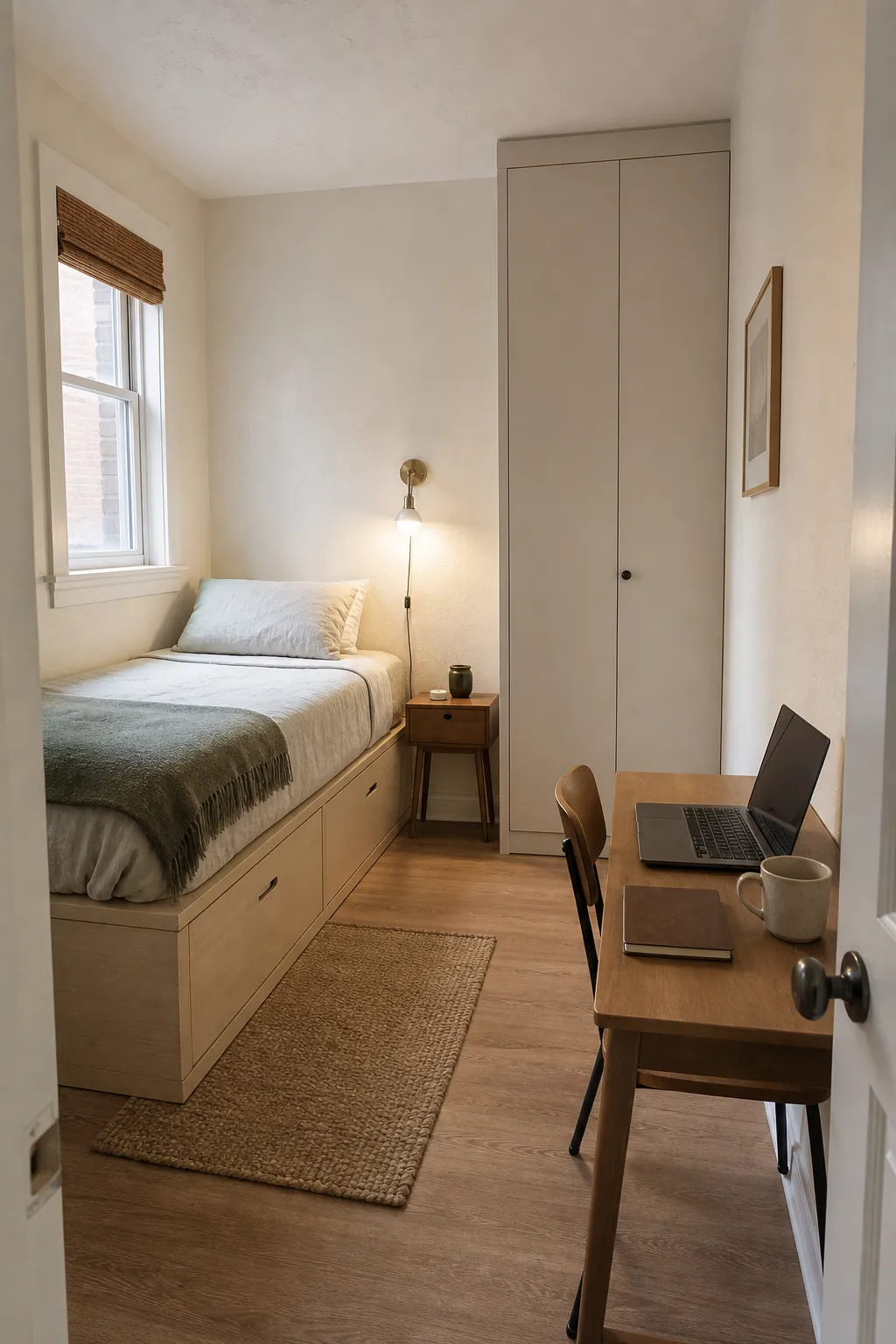 Small apartment bedroom with multifunction furniture, visible floor space, and calm storage