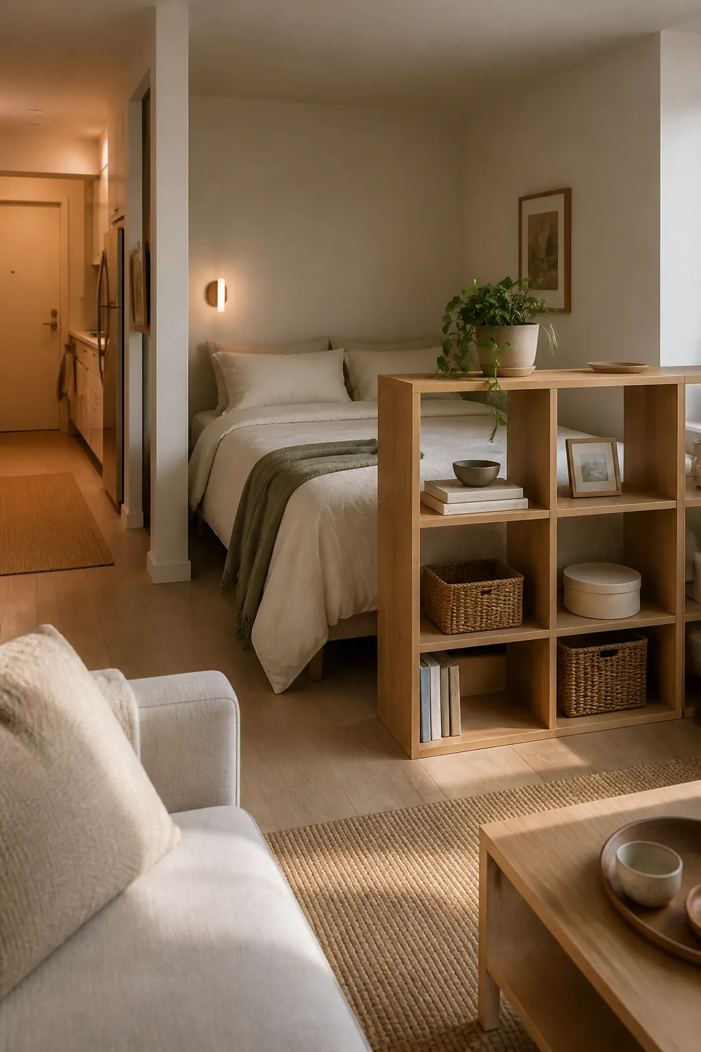 Small studio bed nook separated with an open shelf divider