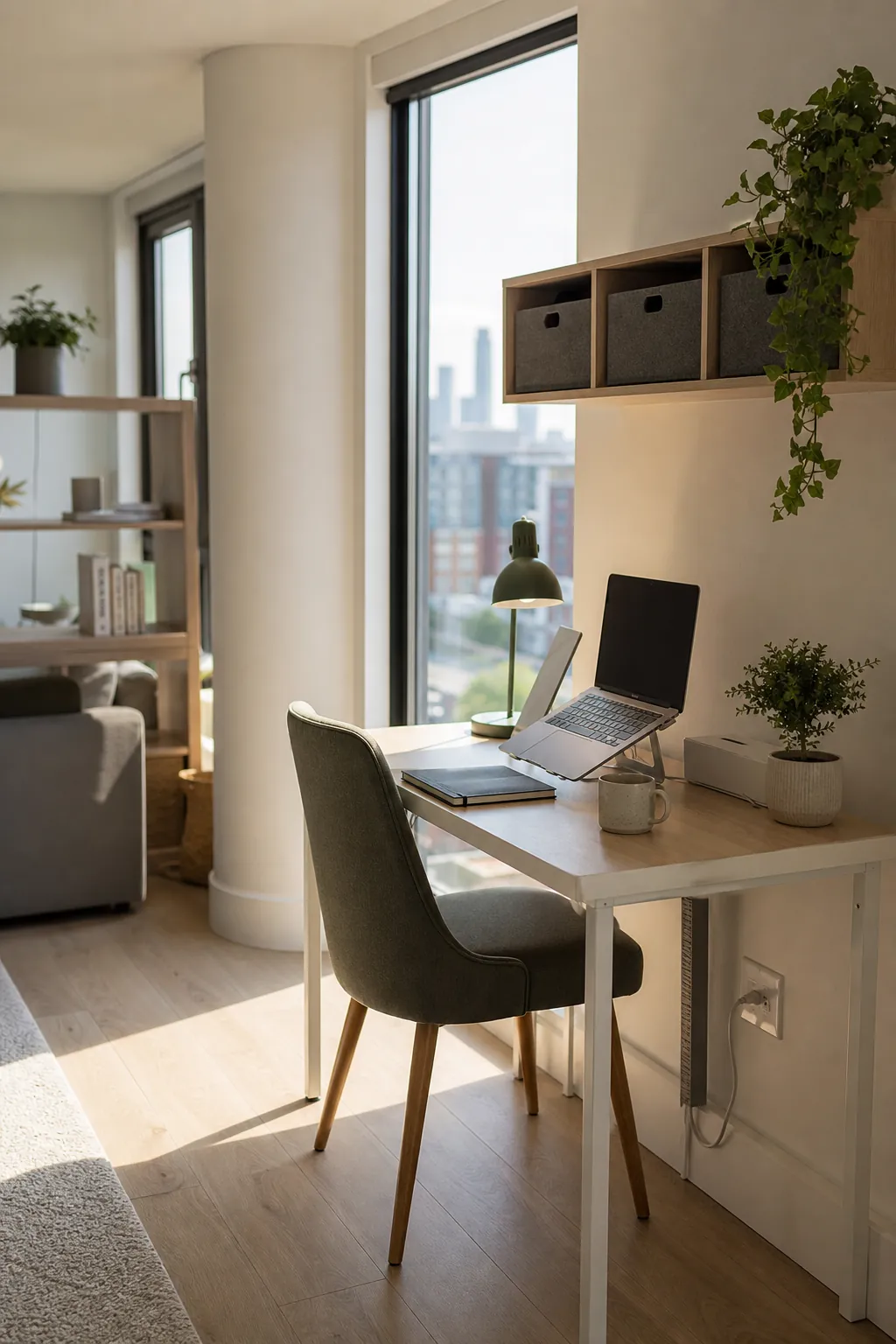 Compact studio apartment work zone by a window with tidy desk storage