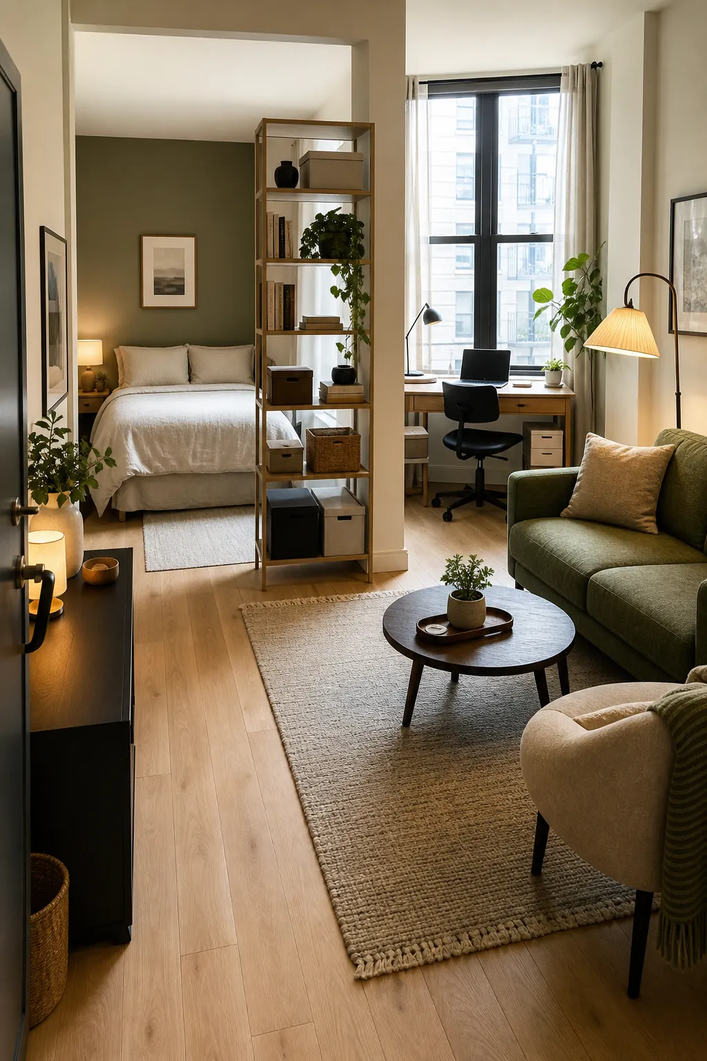 Photorealistic studio apartment with separate sleeping, work, and living areas