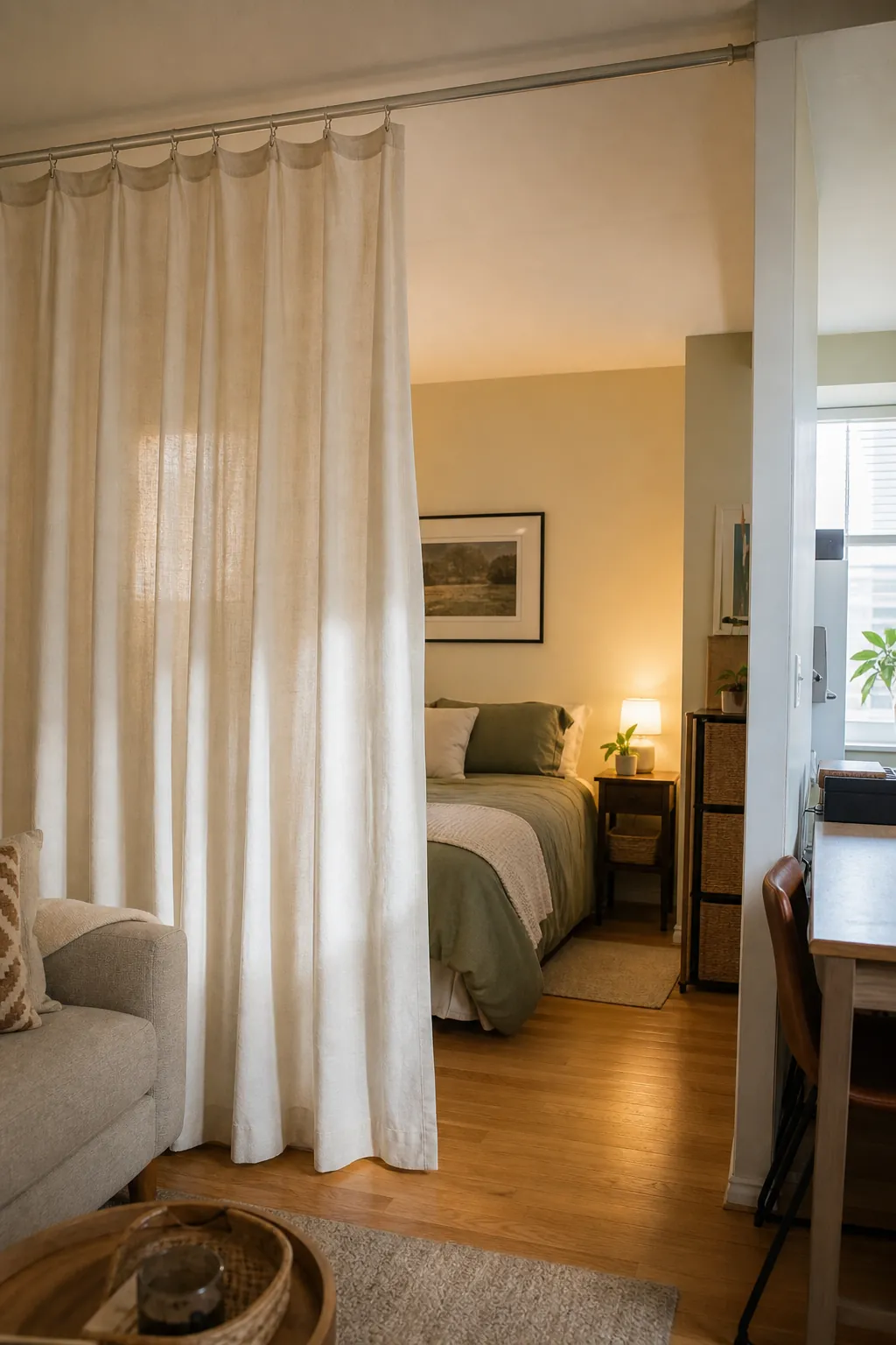 Renter friendly curtain divider separating a studio sleep zone from the living area