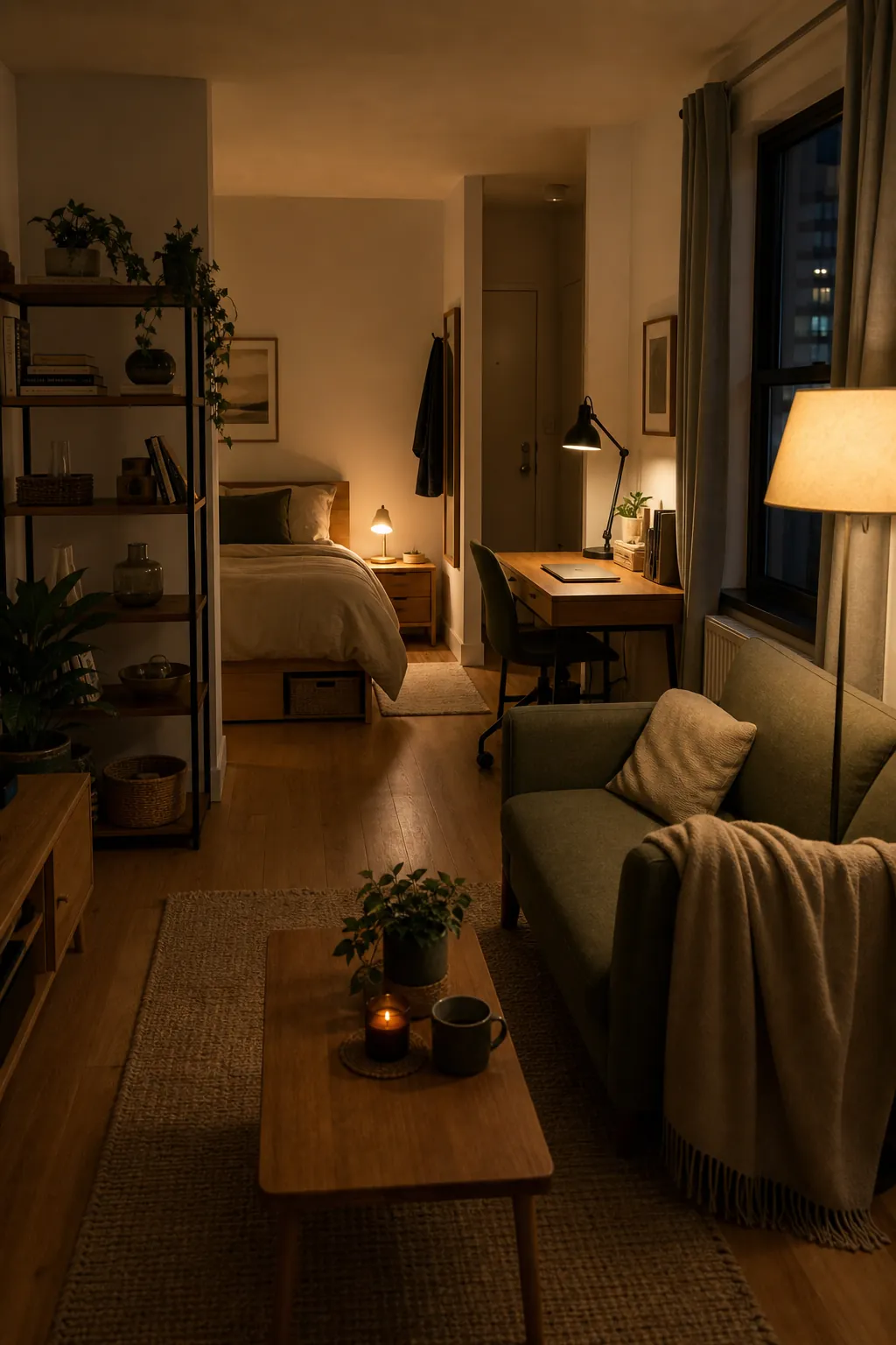 Evening studio apartment with separate warm lighting for sleep work and living zones
