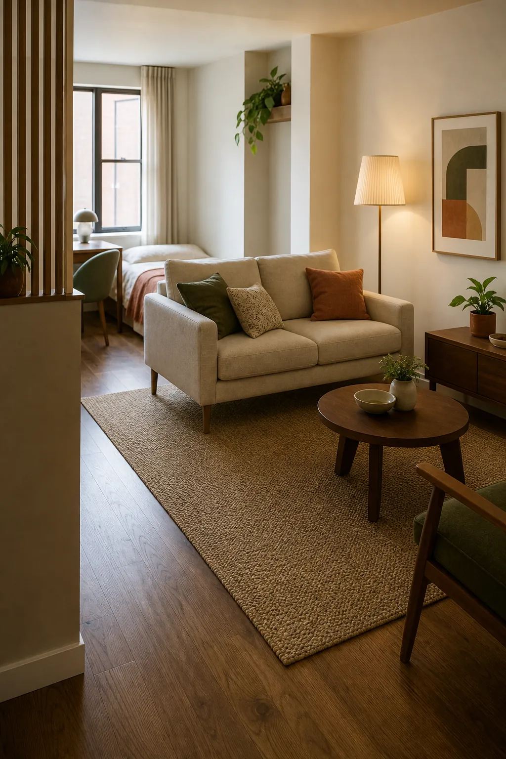 Studio living area defined by a sofa rug coffee table and warm floor lamp