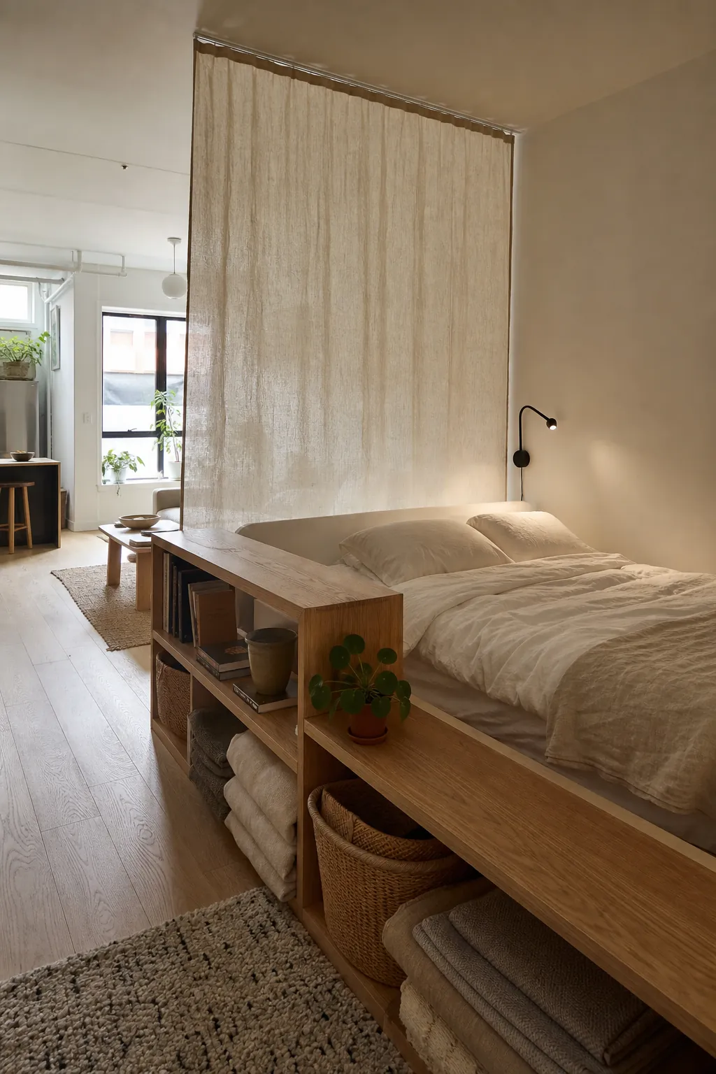 Studio apartment sleep zone with a low shelf divider, curtain, and natural light