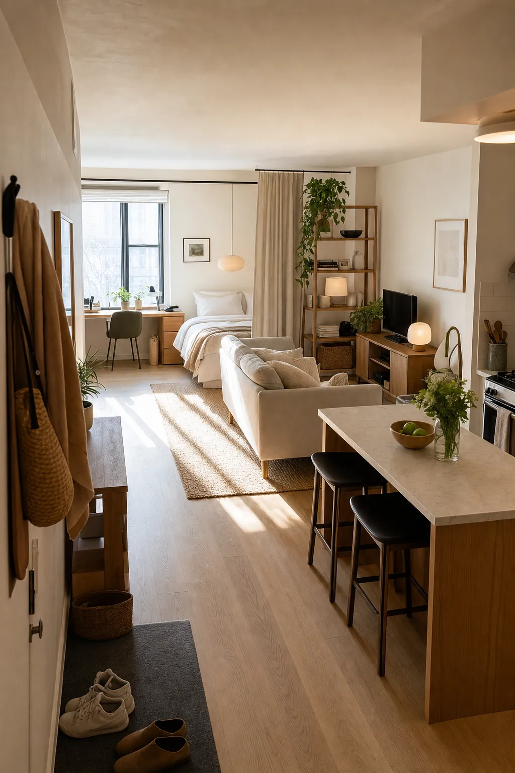 Studio apartment with well-defined sleeping, living, work, dining, and entry zones