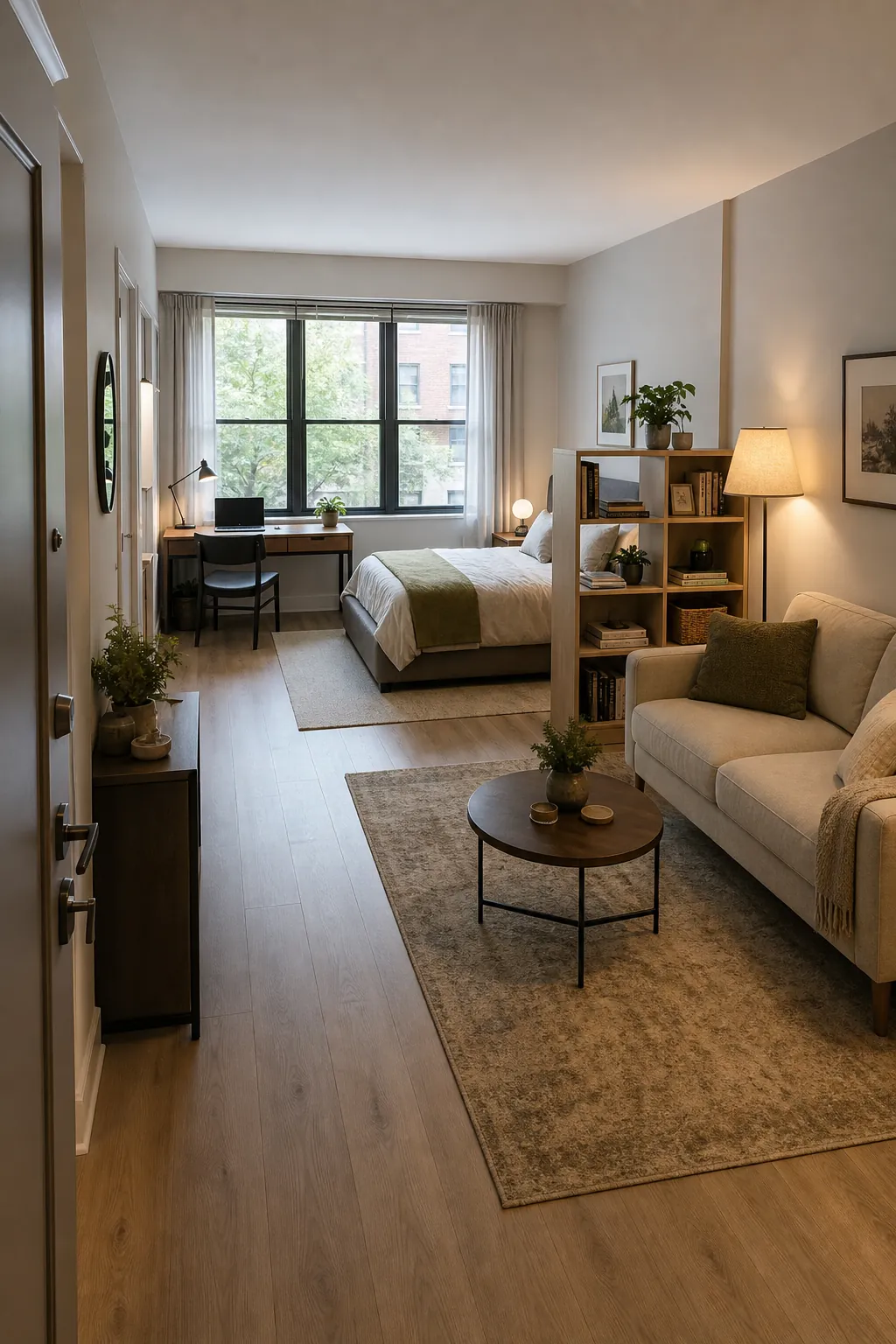 Studio apartment layout with clear walking paths and separate living, sleeping, work, and dining zones