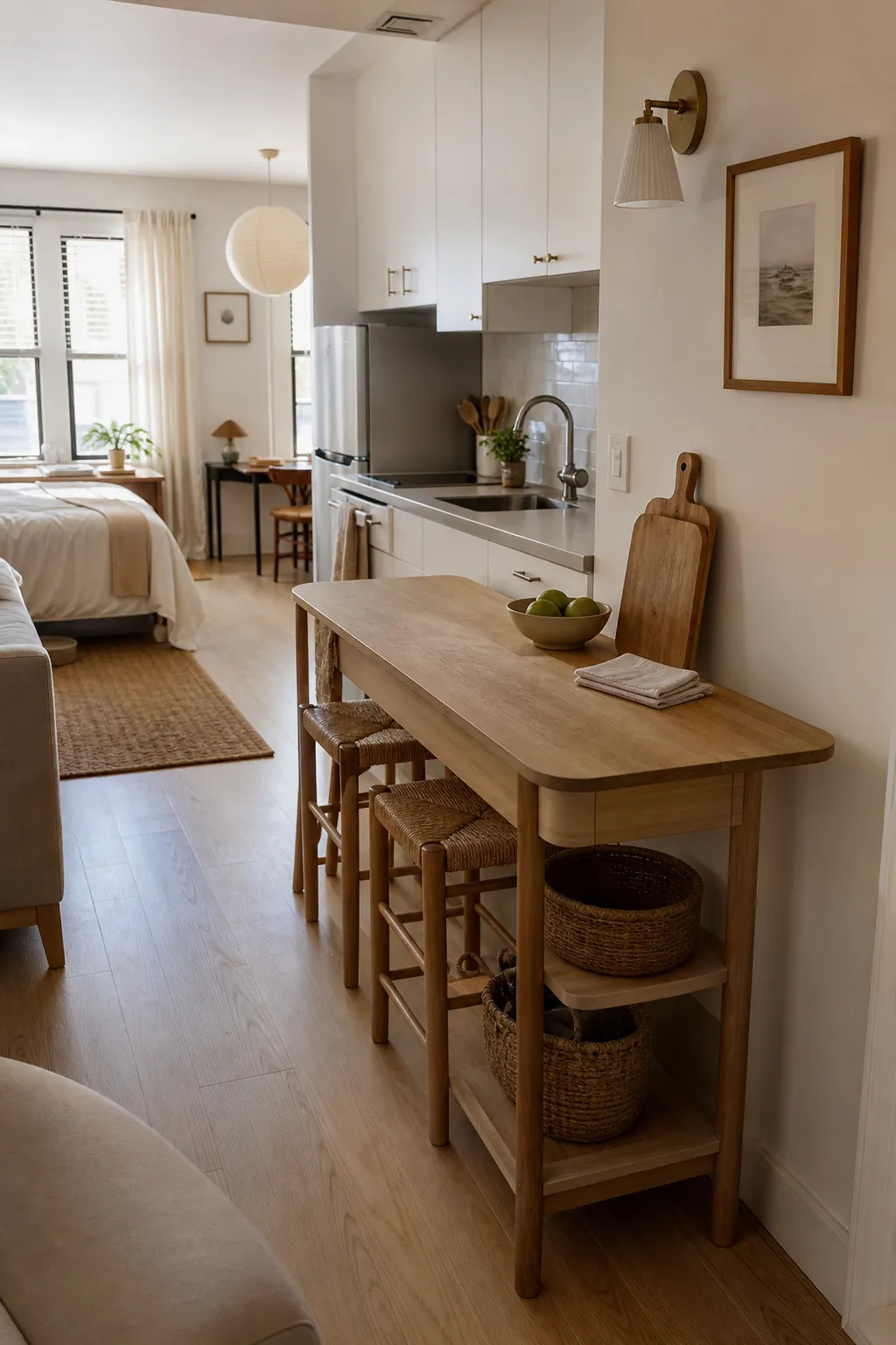 Studio apartment dining and kitchen zone with a narrow island, stools, and extra prep storage