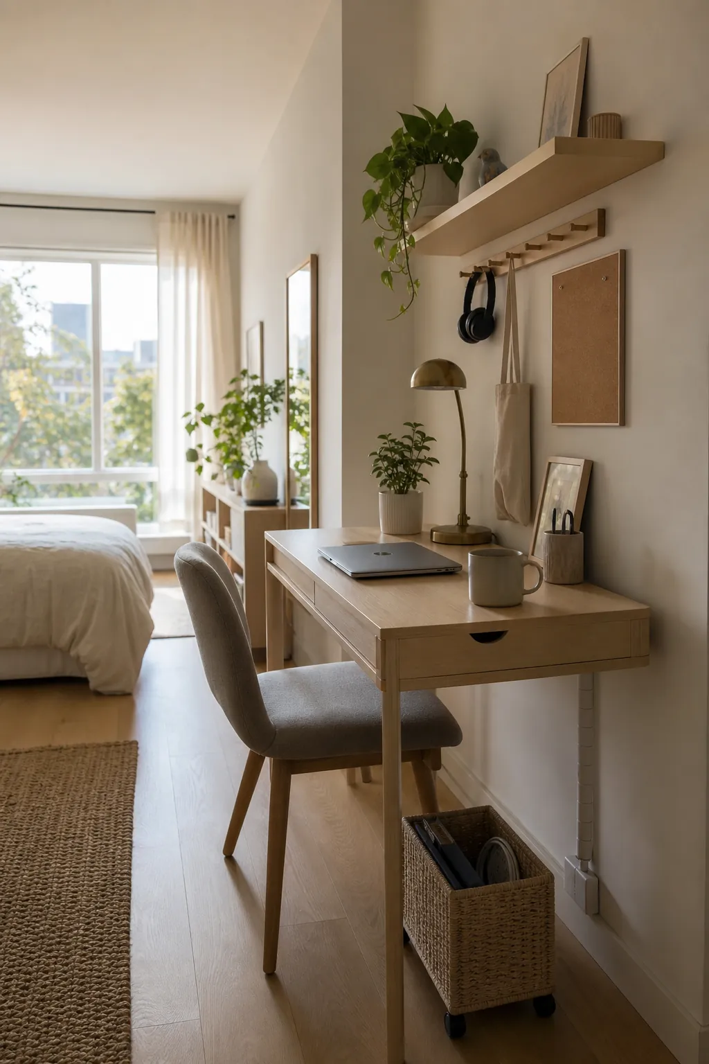 Compact window work zone in a studio apartment with slim desk and vertical storage