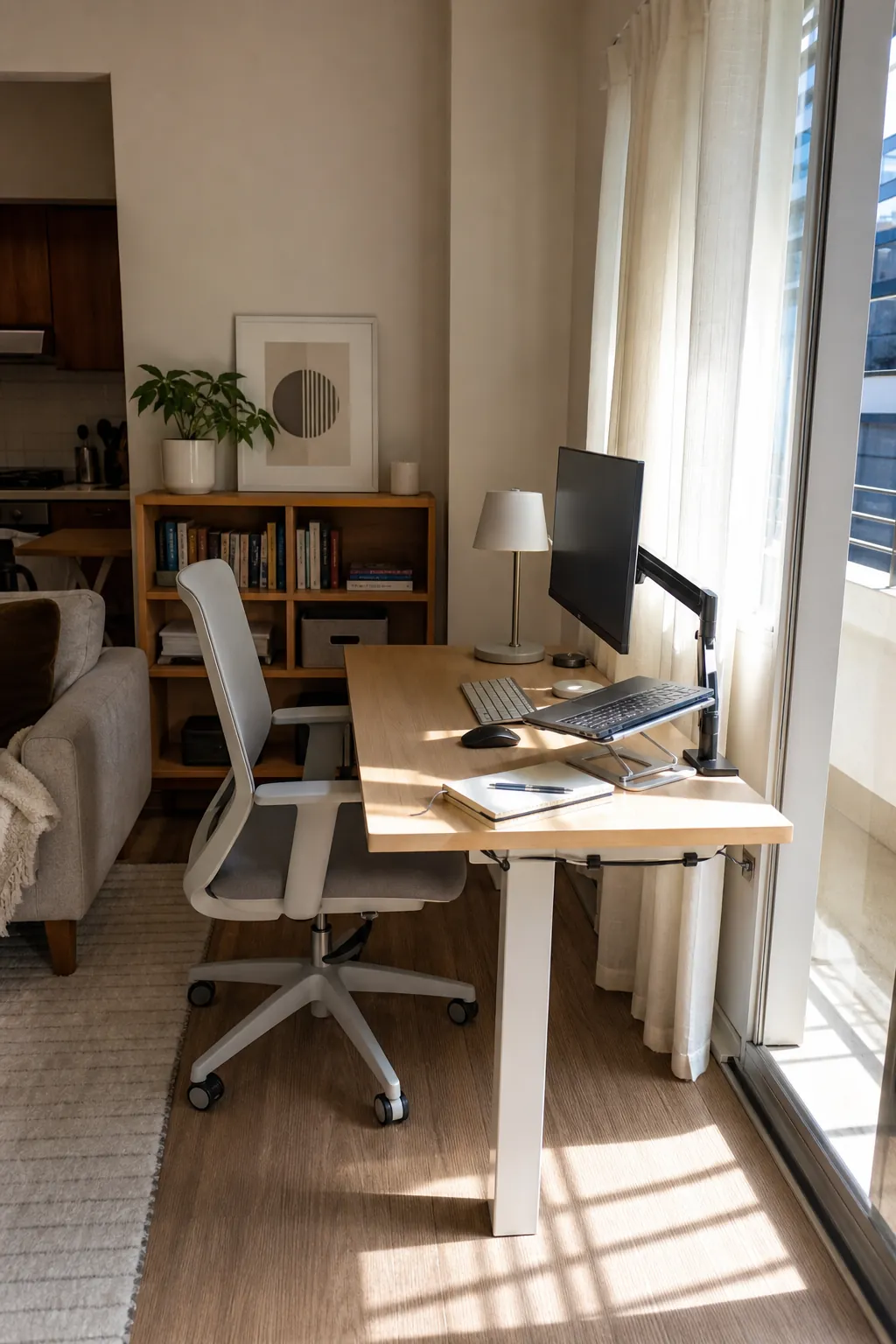 Small apartment work from home desk placed beside a window with a neat video call background