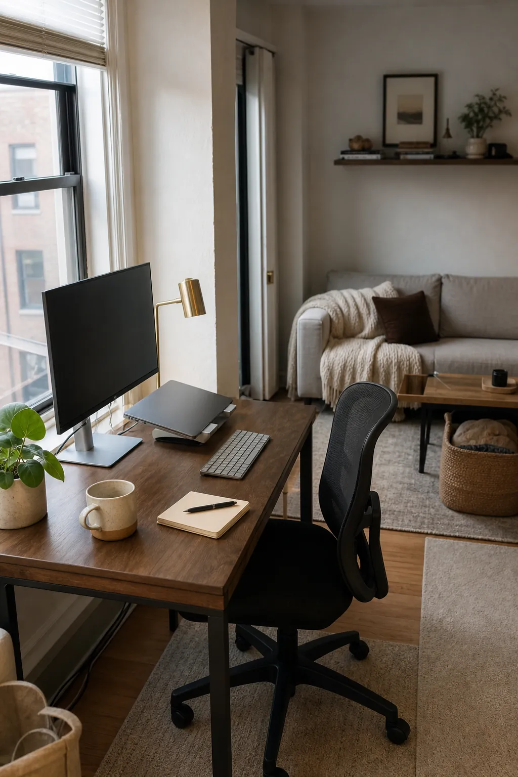 Small apartment work from home setup with a compact desk, natural light, and cozy living space