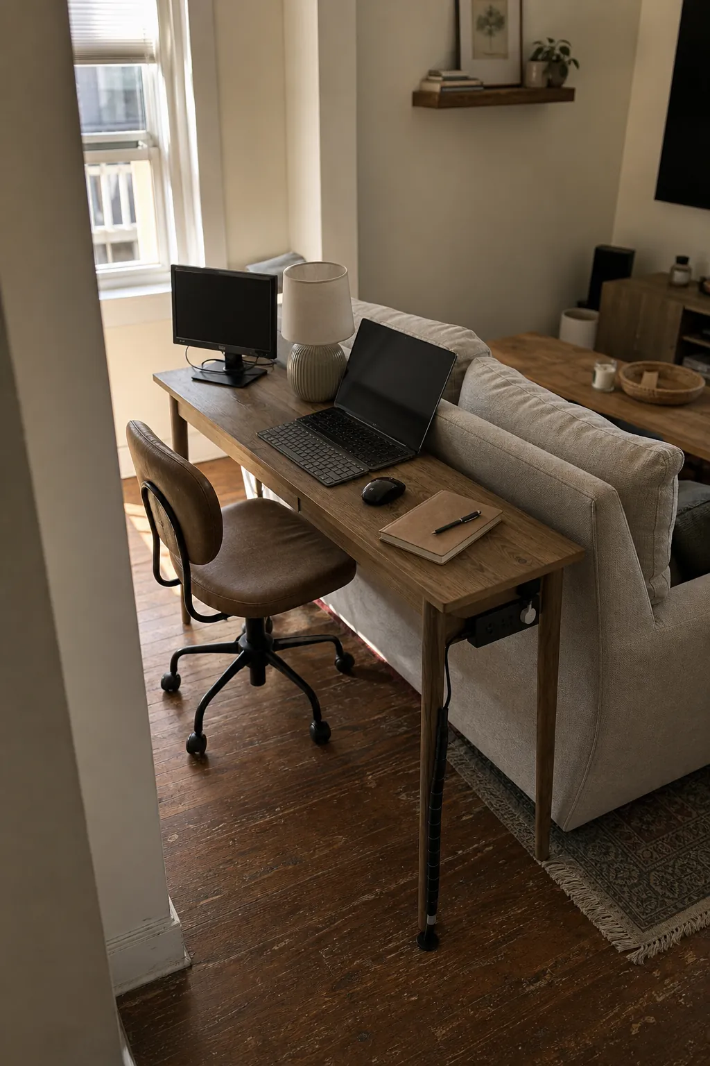 Narrow console desk behind a sofa in a small apartment living room work from home setup