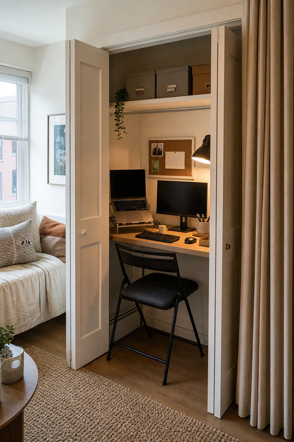 Studio apartment closet office with compact desk shelves and doors that close after work