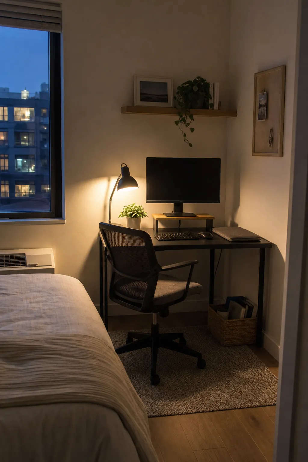 Bedroom corner home office in a small apartment with compact desk and calm evening lighting