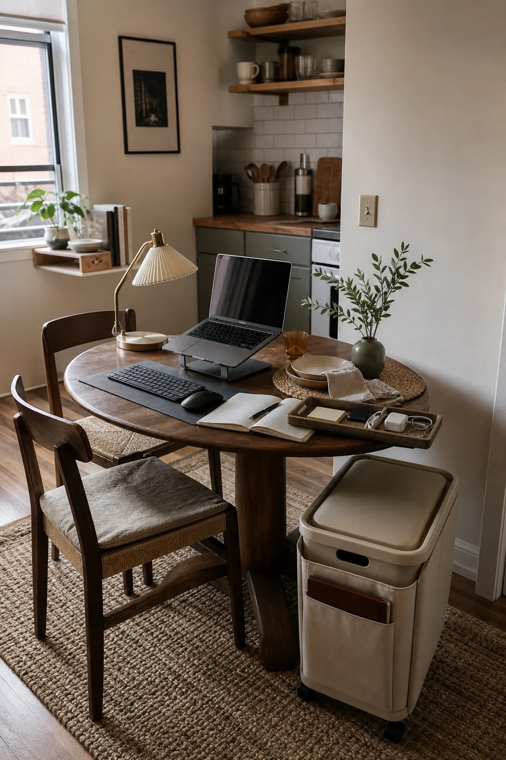 Small apartment dining table used as a work from home desk with a tray reset system