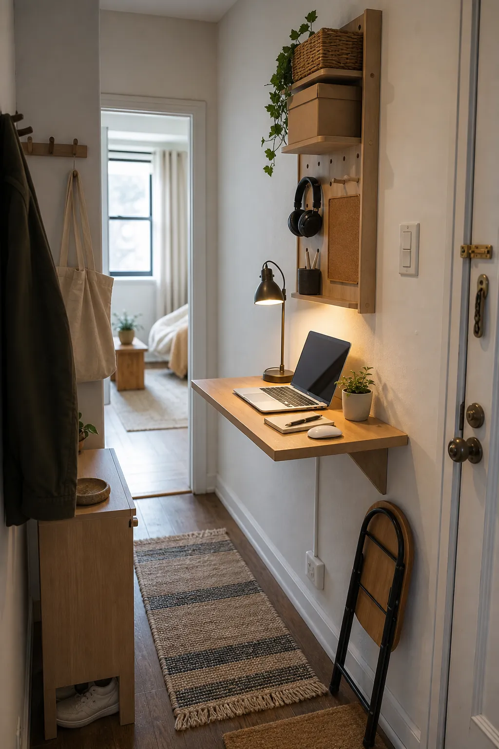 Narrow entryway floating desk in a small apartment for work from home laptop tasks