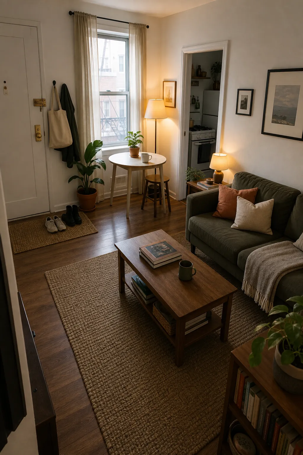 Small apartment styled like a real home with warm lighting, natural textures, plants, art, and a compact living area