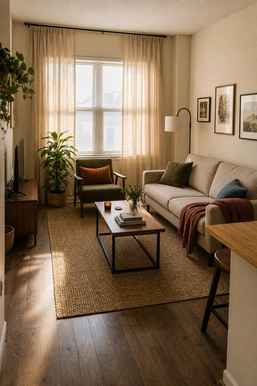 Small apartment living room with a large rug, high linen curtains, compact sofa, coffee table, and natural daylight