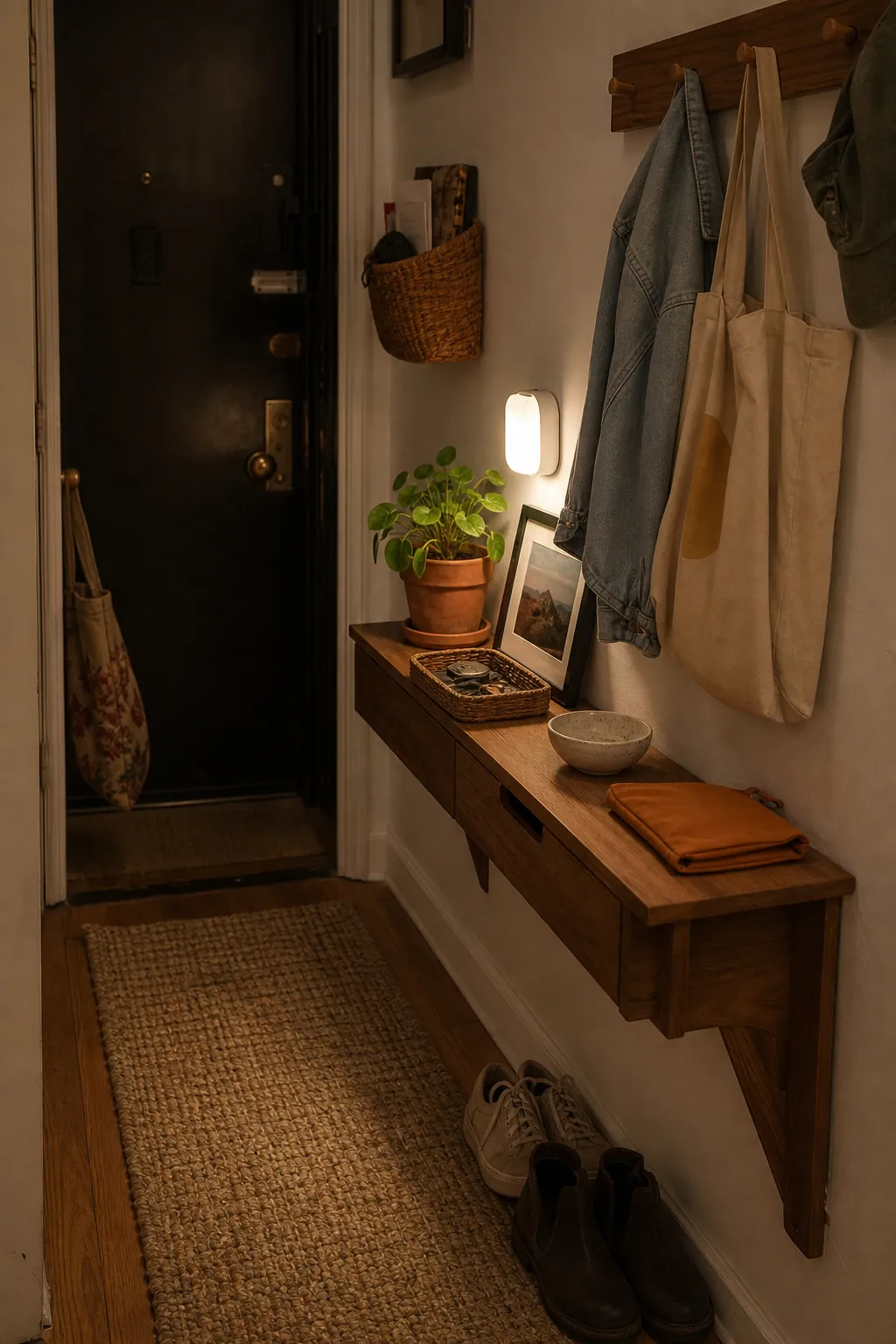 Small apartment entryway with renter-friendly hooks, a slim console, warm lamp, woven tray, and shoes neatly stored
