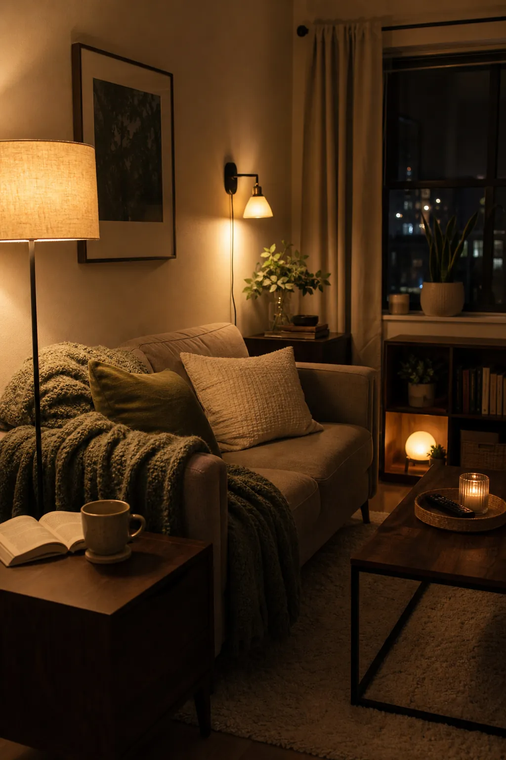 Cozy small apartment living room corner with layered warm lamps, a compact sofa, plants, and soft evening light
