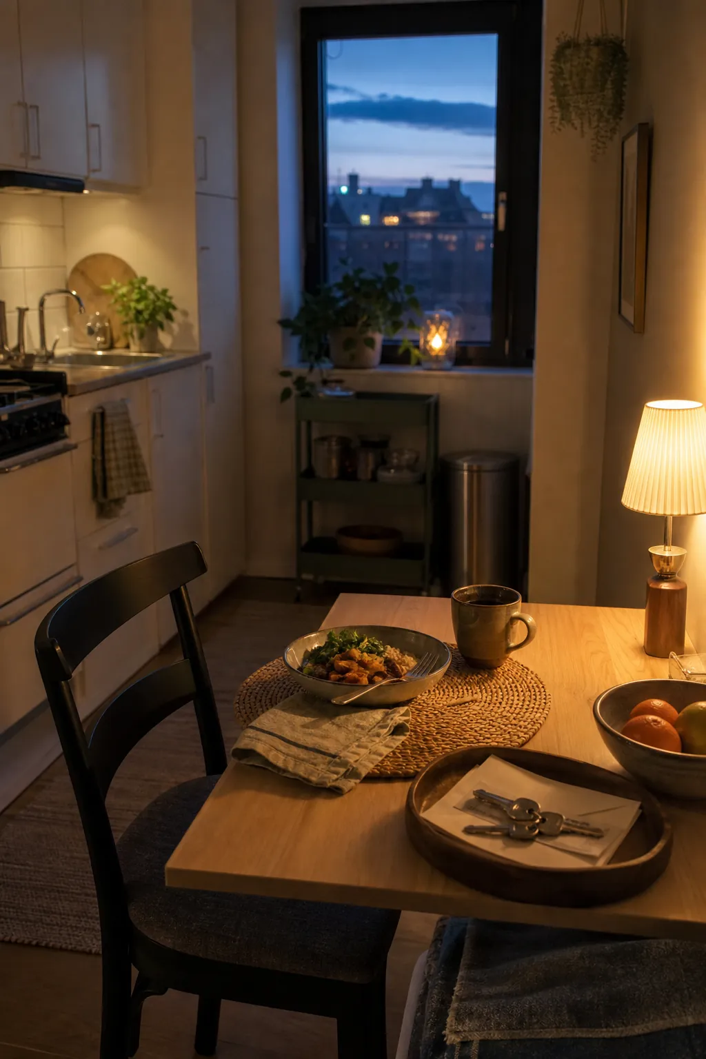 Small apartment kitchen and dining nook at dusk with a simple home-cooked meal, warm lamp, ceramic mug, and tidy reset tray