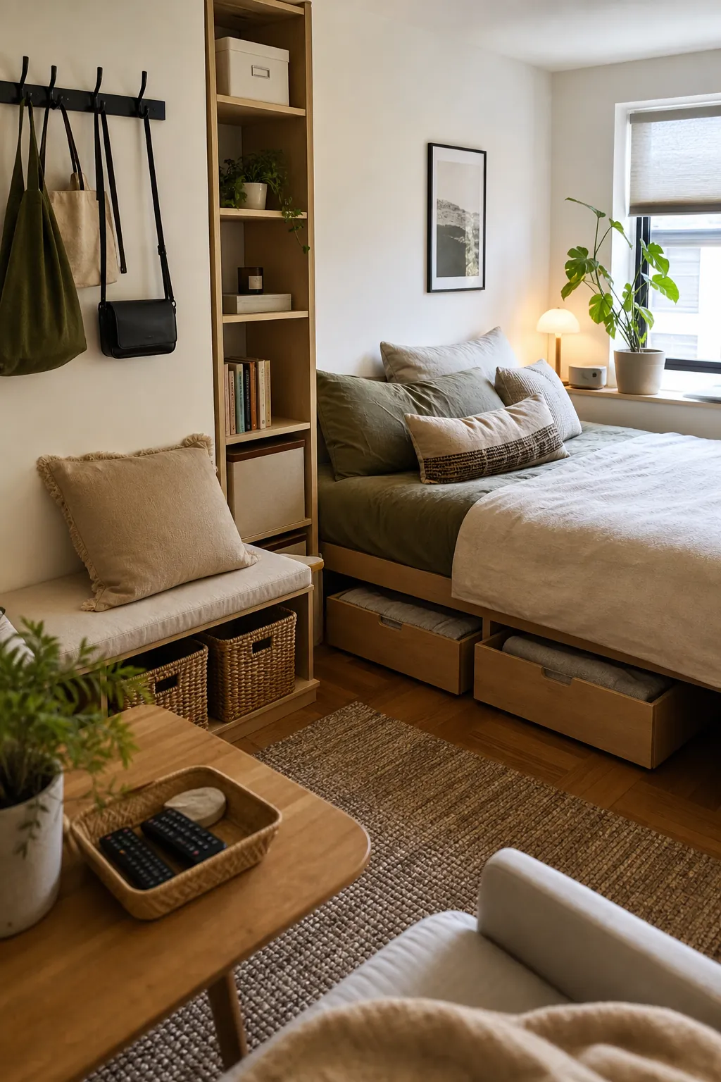 Small apartment storage with woven baskets, under-bed drawers, a slim shelf, and a tidy neutral living area