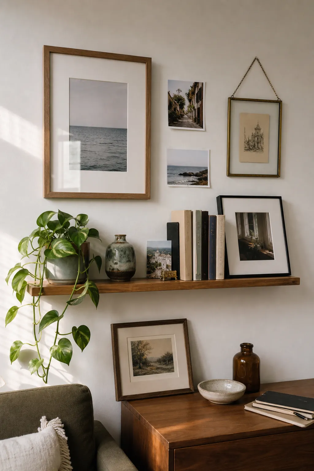 Small apartment wall with framed personal art, photos, books, ceramic pieces, and a low-maintenance plant on open shelves