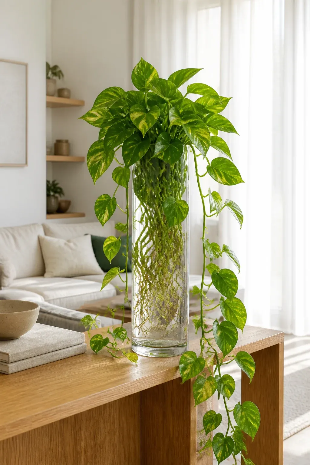 A Golden Pothos plant with variegated leaves growing in a glass cylinder on a wooden table.
