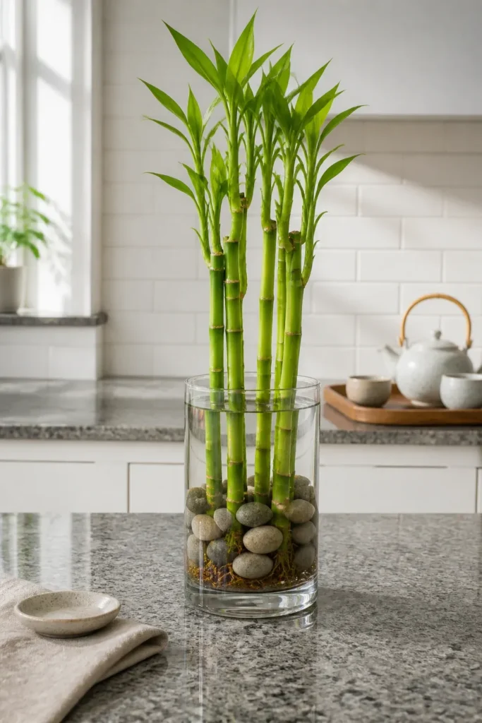 Lucky Bamboo stalks growing in a water-filled glass vase with river rocks at the bottom.