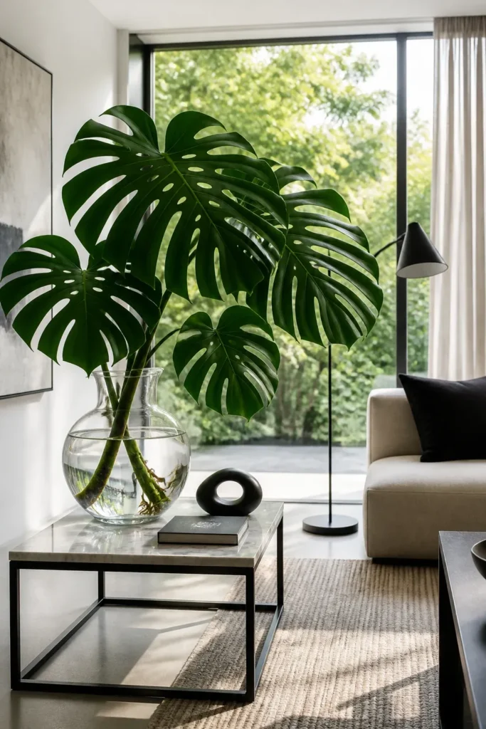 A large Monstera Deliciosa leaf cutting growing in a wide glass vase on a marble table.